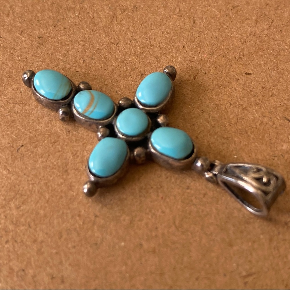 Sterling Silver Turquoise Cross Pendant Vintage Southwest Boho Artist Signed - Picture 6 of 12